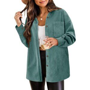 Women Green Collared V Neck Button Down Oversized Long Sleeve Shirt Top